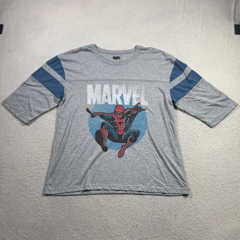 Marvel Spider-Man Jersey T-Shirt Mens Large Grey Good Sleeve Stripes 62 Back
